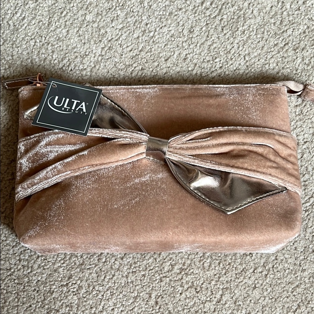 Ulta Beauty Pink and Silver Velvet Cosmetic Bag with Bow New
